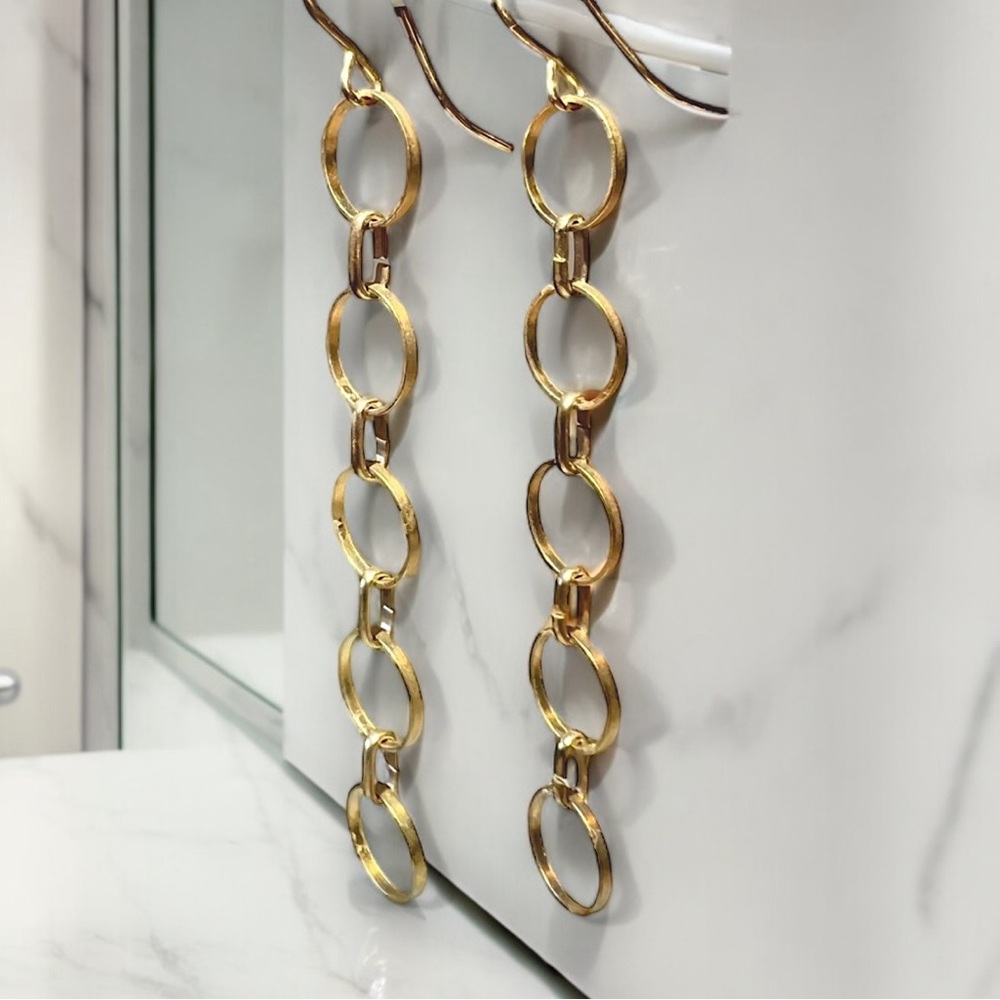 Vintage Handmade Gold Circle Long Dangle Earrings 14k gf dainty drop earrings